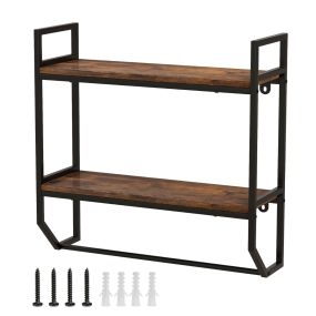 Estantería Flotante de 2 Niveles con Toallero con Estructura de Metal para Pared Sala de Estar Cocina y Baño 59 x 20 x 58 cm Marrón