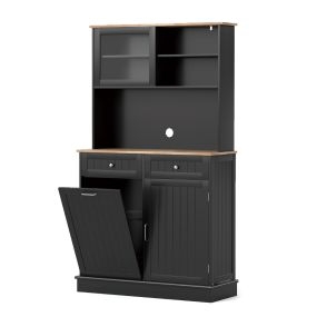 Armario de Basura con Puerta Abatible Doble Armario de Almacenaje de Cocina con Encimera de Madera de Caucho Cubo de Basura de 38 L Negro