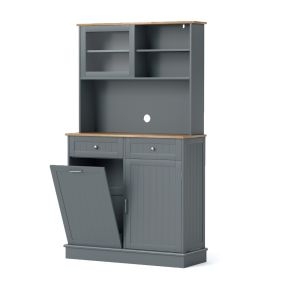 Armario de Basura con Puerta Abatible Doble Armario de Almacenaje de Cocina con Encimera de Madera de Caucho Cubo de Basura de 38 L Gris