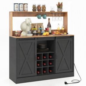 Aparador con botellero y barra para copas, puertas corredoras, enchufes y USB, 120 x 40 x 127,5 cm, marrón y negro