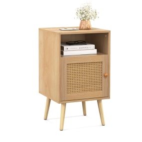Mesa Auxiliar con Estante Abierto y Puerta Decorada de Ratán PE para Dormitorio Sala de Estar 40 x 39 x 70 cm Natural