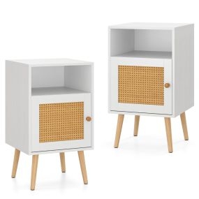 Juego de 2 Mesa Auxiliar con Estante Abierto y Puerta Decorada de Ratán PE para Dormitorio Sala de Estar 40 x 39 x 70 cm Blanco