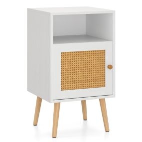 Juego de 1 Mesa Auxiliar con Estante Abierto y Puerta Decorada de Ratán PE para Dormitorio Sala de Estar 40 x 39 x 70 cm Blanco
