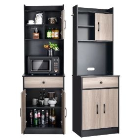 Mueble de Cocina Alto con 2 Puertas y Cajón Estantes Ajustables y Orificio para Cables Espacio para Microondas 60x40x180 cm Negro