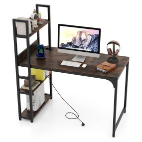 Escritorio de estudio con regleta de energía, enchufes CA, USB A, USB C y estructura metálica marrón