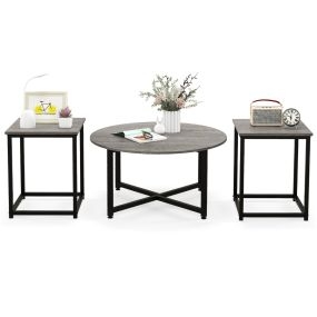Conjunto de Mesa de Centro Redonda y 2 Mesas Auxiliares Cuadradas con Estructura de Metal Juego de 3 Mesas para Sala de Estar Gris