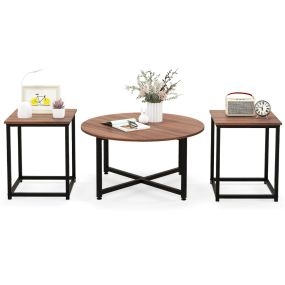 Conjunto de Mesa de Centro Redonda y 2 Mesas Auxiliares Cuadradas con Estructura de Metal Juego de 3 Mesas para Sala de Estar Marrón