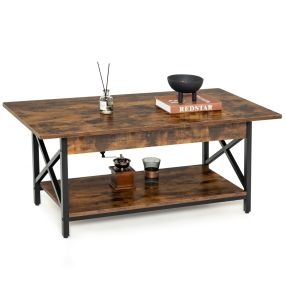 Mesa de Café Industrial de 2 Niveles con Estante de Almacenamiento y Marco de Metal en Forma de X para Sala de Estar 110x60x48 cm Café