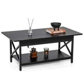 Mesa de Café Industrial de 2 Niveles Mesa de Centro con Estante de Almacenamiento y Marco de Metal en Forma de X Mesa Rectangular Negro