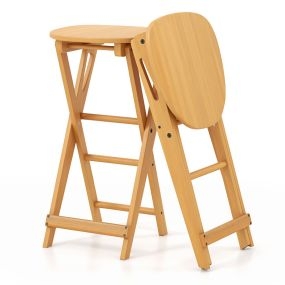 Set de 2 Taburetes de Bar Plegables de Bambú con Reposapiés y Asiento Ancho Sillas de Comedor Cocina Portátiles No Montaje 36 x 33 x 61 cm