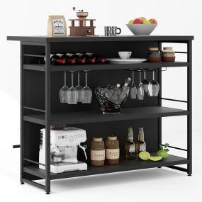 Mesa alta de barra para cocina con armario, 4 niveles, 3 estantes y soportes para vino, negro, 120 x 60 x 101 cm