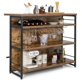 Mesa alta de barra para cocina con armario, 4 niveles, 3 estantes y soportes para vino, 120 x 60 x 101 cm, marrón
