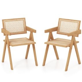 Juego de 2 Sillas de Ratán de Comedor con Marco de Bambú Respaldo y Apoyabrazos de Imitación Caña para Cocina 50 x 52 x 81 cm Natural