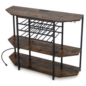Gabinete de Vinos Estante para Vinos 3 Niveles con Soportes para Vasos Tomas de Corriente Botellero para Bar 120 x 40 x 92 cm Marrón