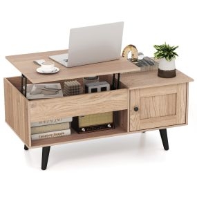 Mesa de Café con Tablero Elevable y Almacenamiento Mesa de Centro Abatible con Compartimento Oculto y Estante para Hogar Salón Natural