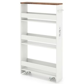 Carrito Delgado de 13 cm con Estación de Carga 4 Niveles Asa Barandillas y Ruedas Bloqueables para Sala o Cocina Blanco+Nogal