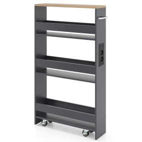 Carrito Delgado de 13 cm con Estación de Carga 4 Niveles Asa Barandillas y Ruedas Bloqueables para Sala o Cocina Gris+Natural