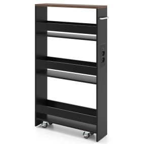 Carrito Delgado de 13 cm con Estación de Carga 4 Niveles Asa Barandillas y Ruedas Bloqueables para Sala o Cocina Negro+Nogal