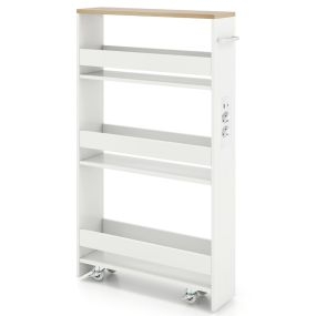 Carrito Delgado de 13 cm con Estación de Carga 4 Niveles Asa Barandillas y Ruedas Bloqueables para Sala o Cocina Blanco+Natural