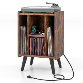 Soporte para Tocadiscos de Vinilo con 4 Estantes Abiertos Toma de Corriente y Puerto de Carga USB Estante de Exhibición Vintage Café