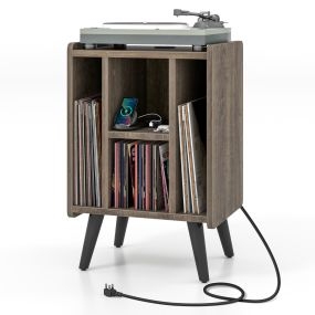 Soporte para Tocadiscos de Vinilo con 4 Estantes Abiertos Toma de Corriente y Puerto de Carga USB Estante de Exhibición Vintage Marrón