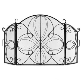 Pantalla plegable de chimenea de 3 paneles con patrón floral de metal negro 151 x 83 cm