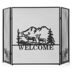 Pantalla Plegable de Chimenea de 3 Paneles con Bisagra Cubierta y Patrón de Welcome de Chevrón Malla de Decorativa 132 x 79 cm Negro