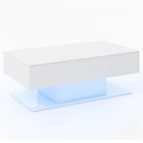 Mesa de Centro LED Moderna de 2 Niveles con 20 Luces LED de Colores 2 Cajones de Almacenamiento Mesa Rectangular 110 x 60 x 40 cm Blanco