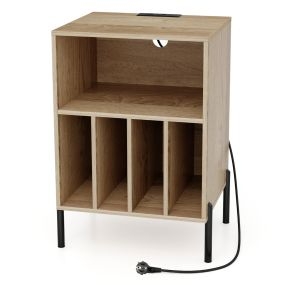 Soporte para Tocadiscos Mesa con Estante para Discos Patas Metálicas Estación de Carga y Puerto USB para Salón Dormitorio Oficina Natural