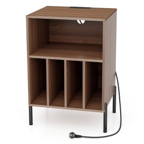 Soporte para Tocadiscos Mesa con Estante para Discos Patas Metálicas Estación de Carga y Puerto USB para Salón Dormitorio Oficina Nuez