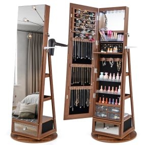 Gabinete para Joyería Giratorio de 360° con Espejo Luces LED Cerradura y Estante Trasero Marrón