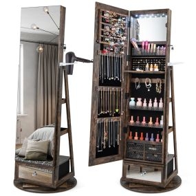 Gabinete para Joyería Giratorio de 360° con Espejo Luces LED Cerradura y Estante Trasero Nuez