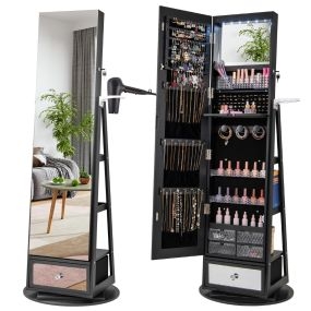 Gabinete para Joyería Giratorio de 360° con Espejo Luces LED Cerradura y Estante Trasero Negro