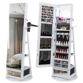 Gabinete para Joyería Giratorio de 360° con Espejo Luces LED Cerradura y Estante Trasero Blanco