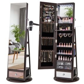 Gabinete para Joyería Giratorio de 360° con Espejo Luces LED Cerradura y Estante Trasero Marrón Oscuro