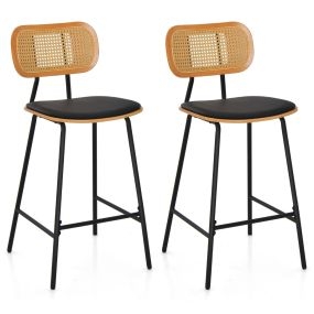 Conjunto de 2 Taburetes de Bar de Ratán con Respaldo y Patas de Metal Sillas de Comedor para Cocina y Cafetería 45 x 45 x 94 cm Negro