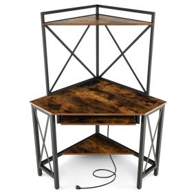 Escritorio triangular para computadora con marco de metal, estantes y bandeja para teclado, 113 x 75 x 145 cm, marrón