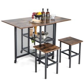 Set de mesa de comedor plegable de 3 piezas con 2 taburetes, ruedas bloqueables y 2 estantes de malla, marrón