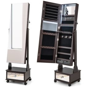 Armario para Joyería con Espejo de Cuerpo Entero Ángulo Ajustables Luces LED de 3 Colores Estante Plegable 42 x 35 x 159 cm Café