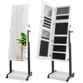 Gabinete de Joyería de Pie con Cerradura LED de 3 Colores Espejo de Maquillaje Altura Ángulo Ajustables y Ruedas Universales Blanco