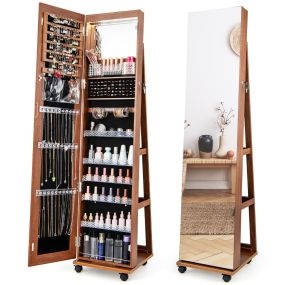 Armario para Joyas con Cerradura Espejo de Maquillaje LED de 3 Colores Estantes Ajustables y Ruedas Universales 40 x 38 x 164 cm Marrón