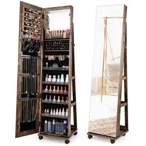 Armario para Joyas con Cerradura Espejo de Maquillaje LED de 3 Colores Estantes Ajustables y Ruedas Universales 40 x 38 x 164 cm Café