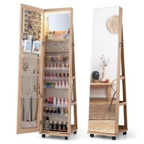 Armario de joyas con espejo completo, ruedas con freno, estantes ajustables, luz LED, terciopelo, 40 x 38 x 164 cm, natural