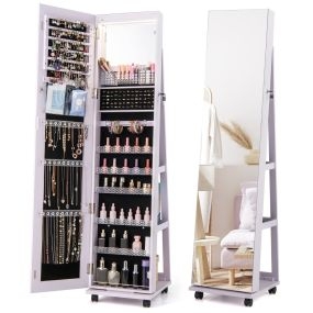 Armario para joyas con cerradura, espejo LED de 3 colores, estantes ajustables y ruedas, púrpura, 40 x 38 x 164 cm