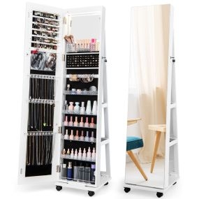 Armario para Joyas con Cerradura Espejo de Maquillaje LED de 3 Colores Estantes Ajustables y Ruedas Universales 40 x 38 x 164 cm Blanco