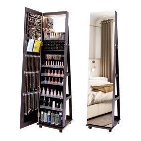 Armario para Joyas con Cerradura Espejo de Maquillaje LED de 3 Colores Estantes Ajustables y Ruedas Universales 40 x 38 x 164 cm Marrón Oscuro