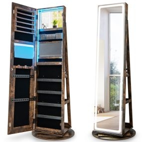Armario para Joyas de Pie con Espejo de Maquillaje Base Giratoria 360° Gabinete Joyería con Luces LED Cerradura Estante Plegable Café