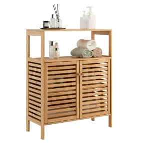 Armario de baño de bambú con estante abierto extraíble y doble puerta 64 x 27,5 x 80 cm natural
