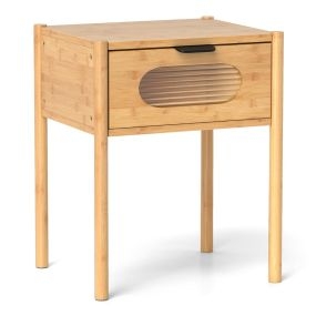 Mesita de Noche de Bambú Estilo Rústico con Cajón Decorado de Vidrio Templado para Dormitorio Sala o Espacios Pequeños Natural