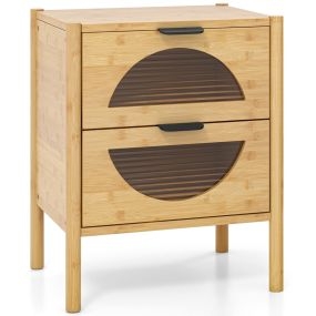 Mesita de Noche de Bambú Moderna con 2 Cajones y Frentes de Vidrio Templado Estriado para Sala de Estar o Dormitorio Natural